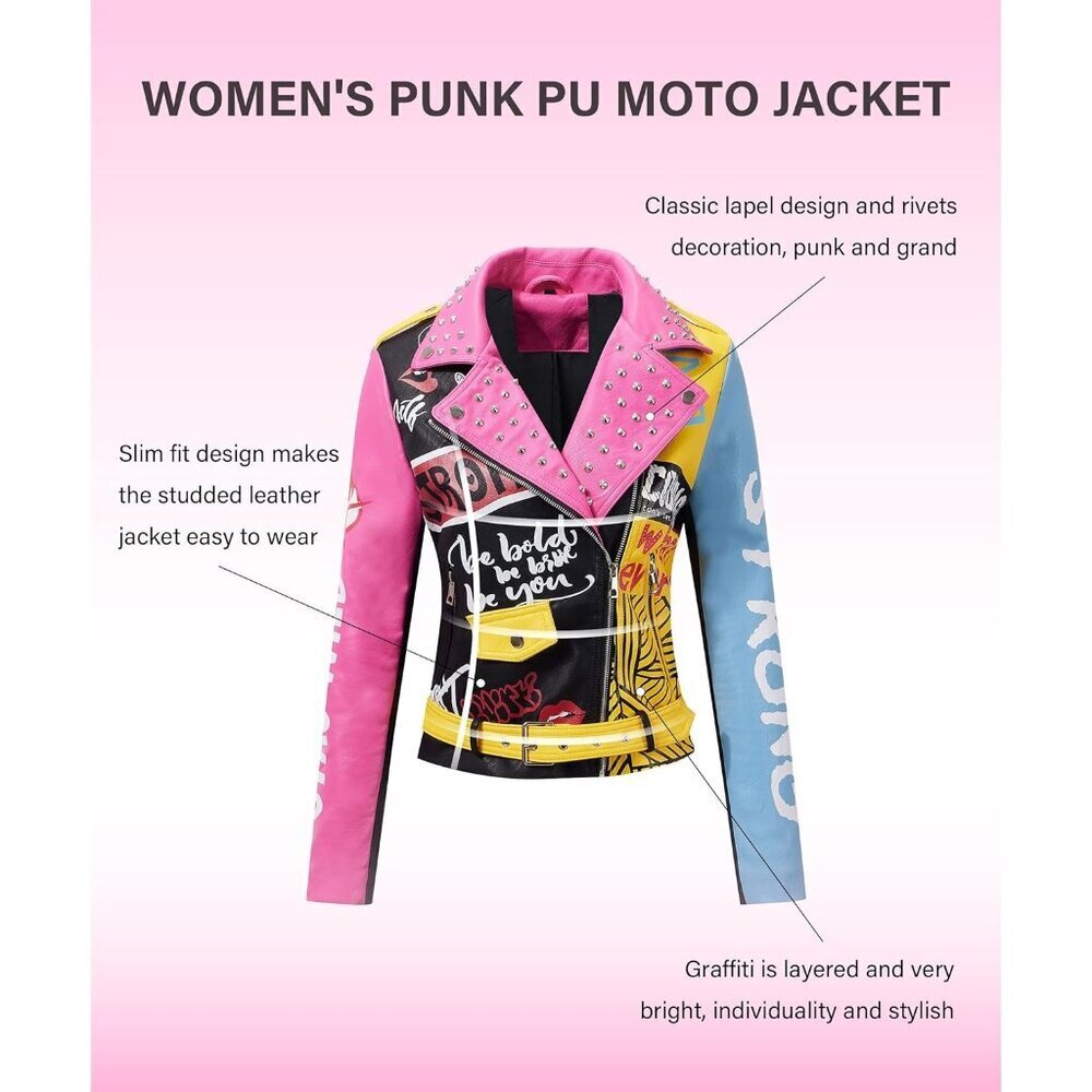 Women Pink Blue Studded Rivet Floral Moto Biker Short Lapel Coat Leather Jacket - Picture 3 of 6